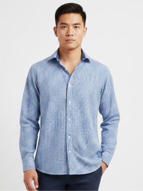 Nicole Miller Dress Shirt Men's Medium 15-15.5 Blue Plaid Long Sleeve Collared